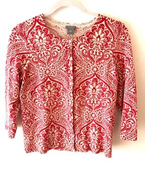 Ann Taylor Red and Cream Printed Cotton-Blend Cardigan